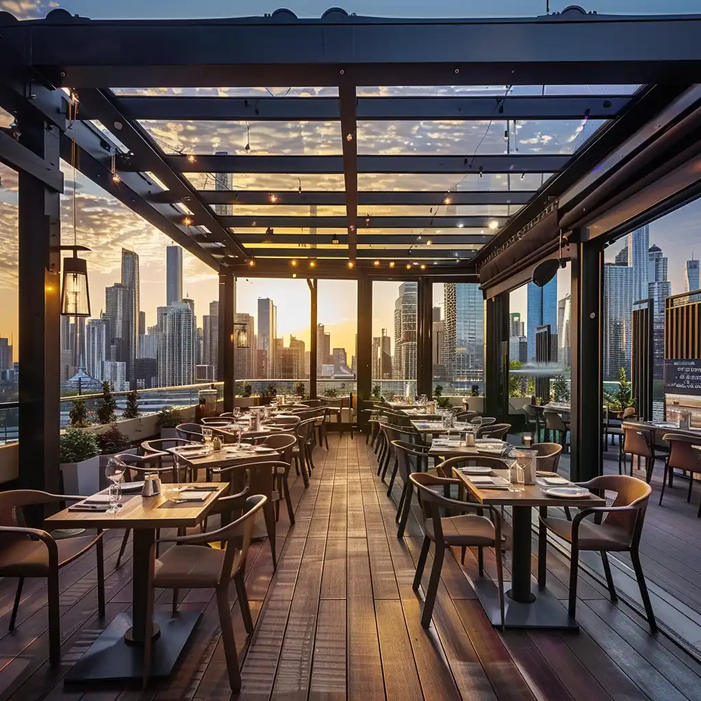 hotel restaurant terrace covered by retractable glass roof structure