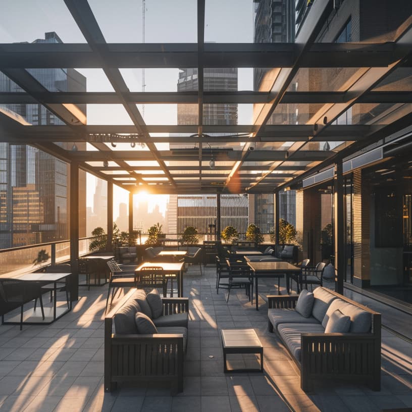 hotel rooftop terrace with aluminum retractable glass roof system