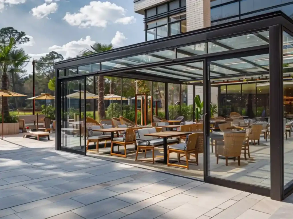 Hotel terrace retractable glass sunroom enclosure