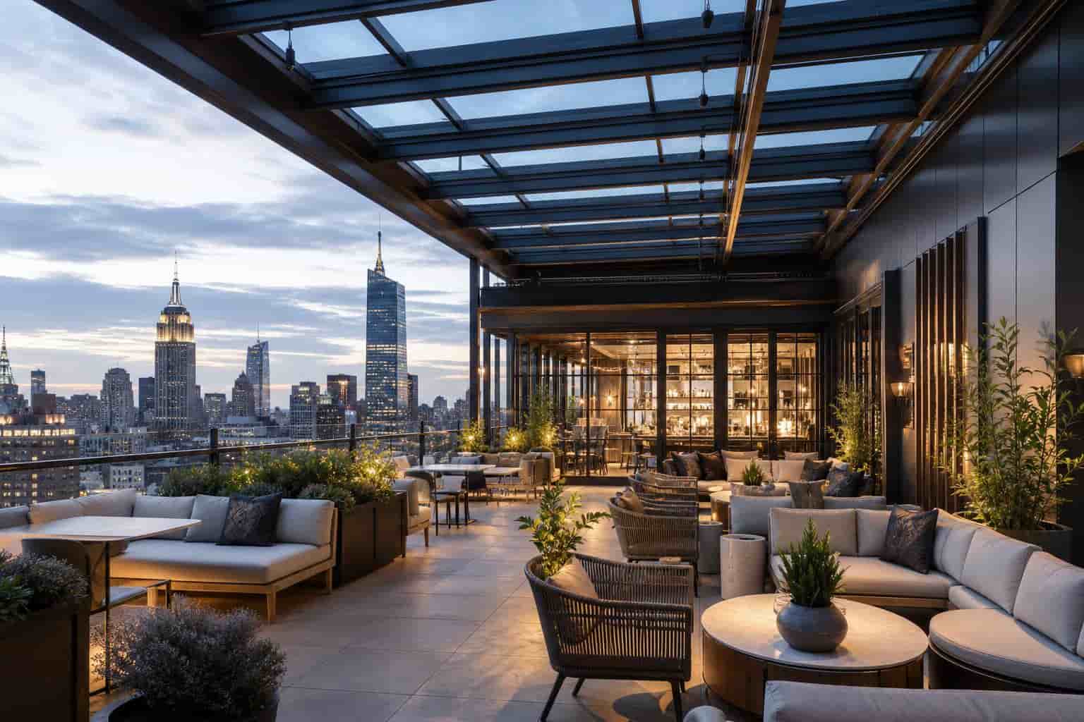 hotel terrace with retractable glass roof enclosure for outdoor lounge