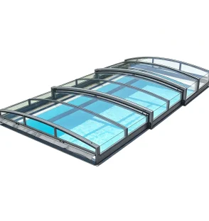 Low profile swimming pool enclosure structure diagram with sliding glass cover panels