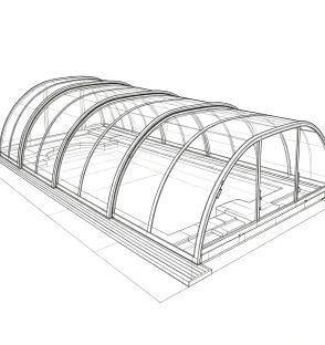 Medium profile swimming pool enclosure structure diagram with arched aluminum roof frame