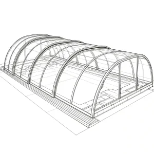 Medium profile swimming pool enclosure structure diagram with arched aluminum roof frame