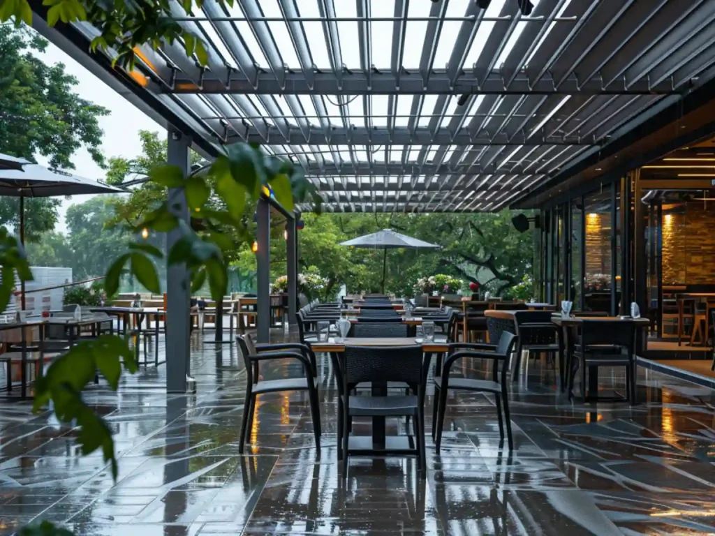 Motorized retractable roof system for restaurant patio