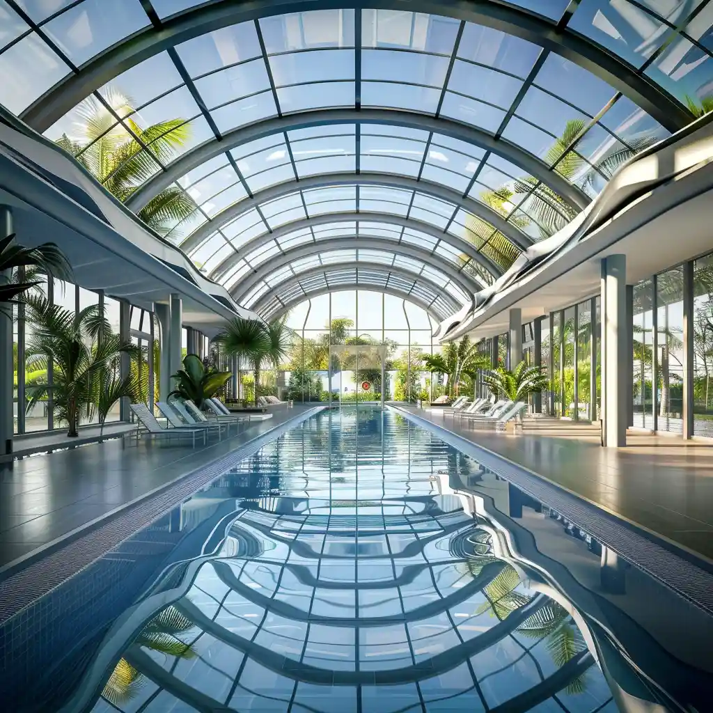 interior view of swimming pool enclosure with retractable glass roof