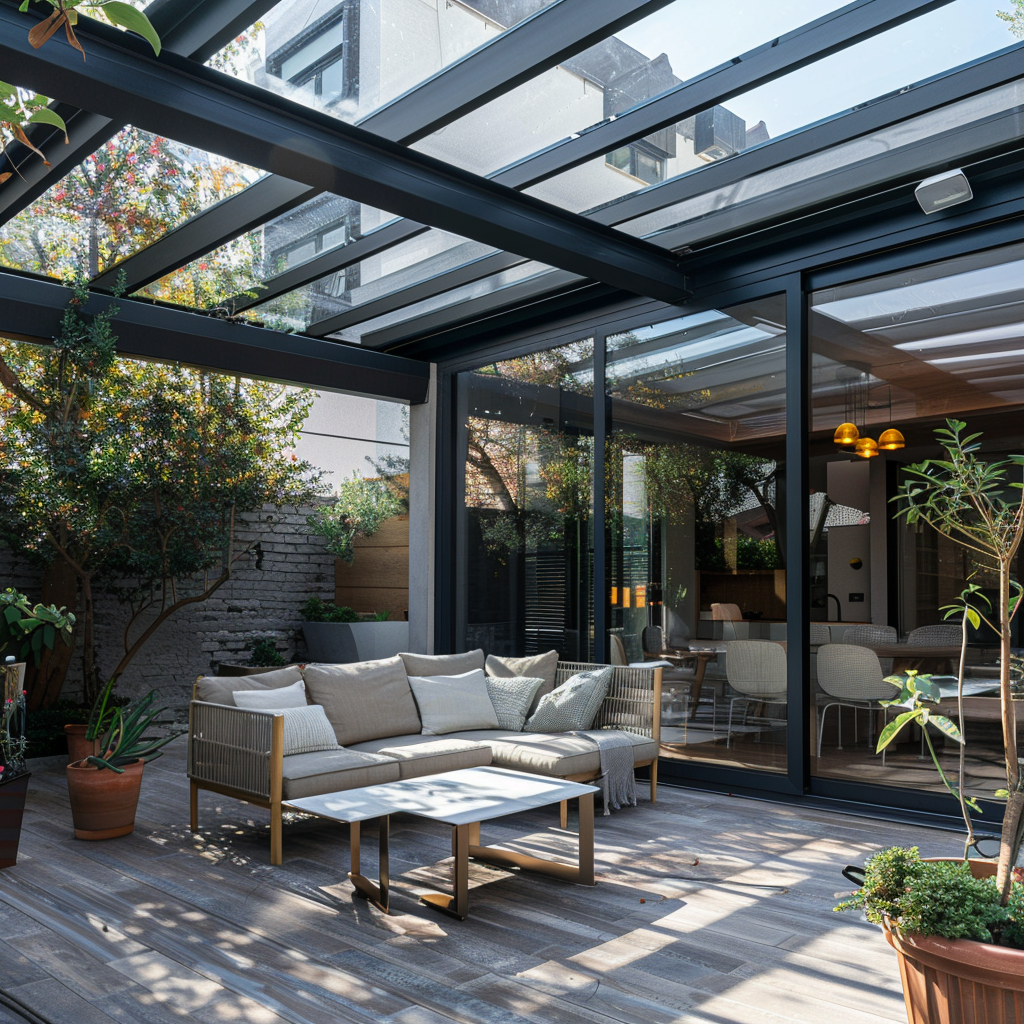 residential courtyard with retractable glass roof system