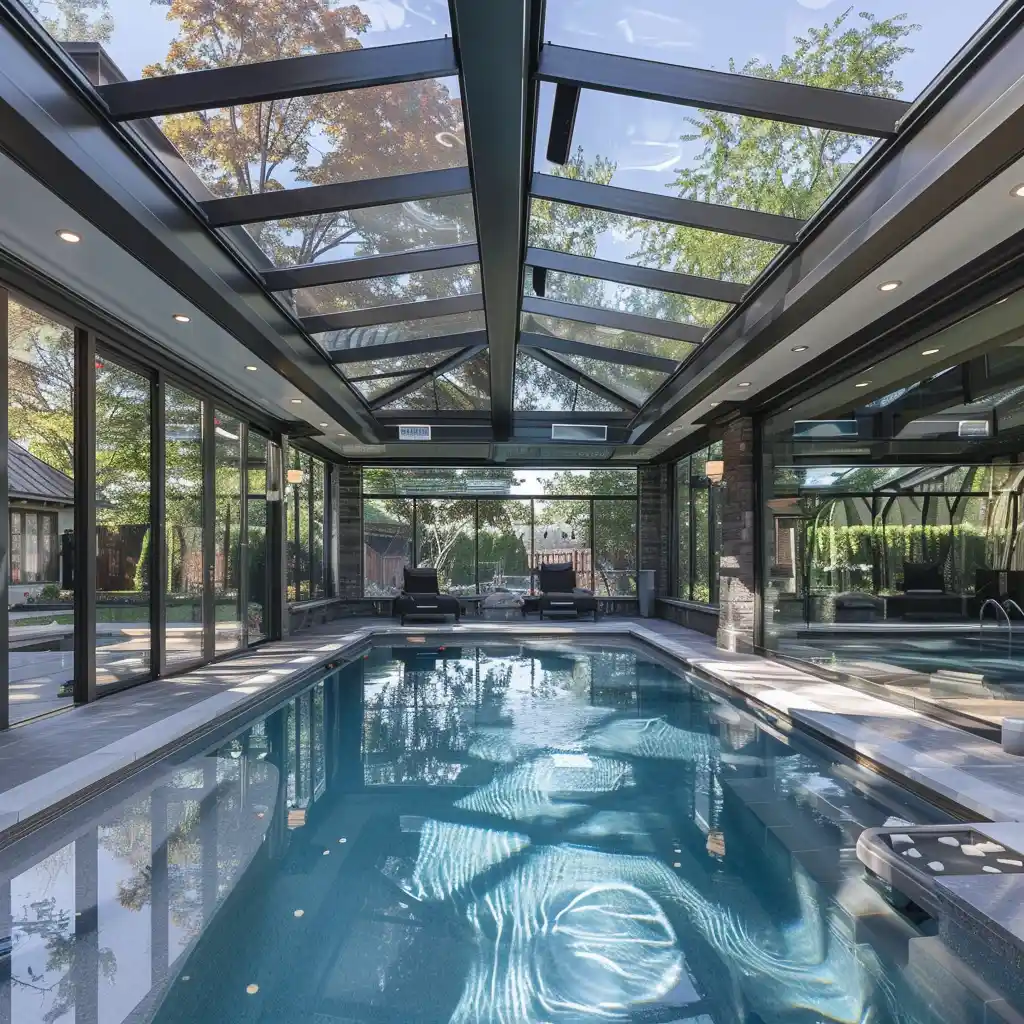 residential swimming pool enclosure with retractable glass roof system