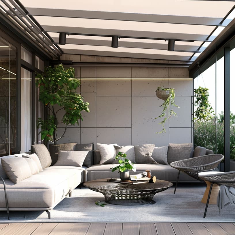 residential rooftop patio with retractable glass roof enclosure