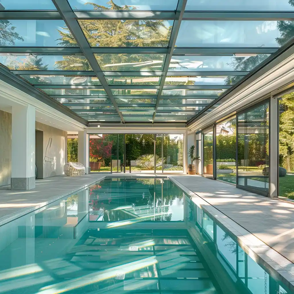 resort swimming pool enclosure with retractable glass roof system