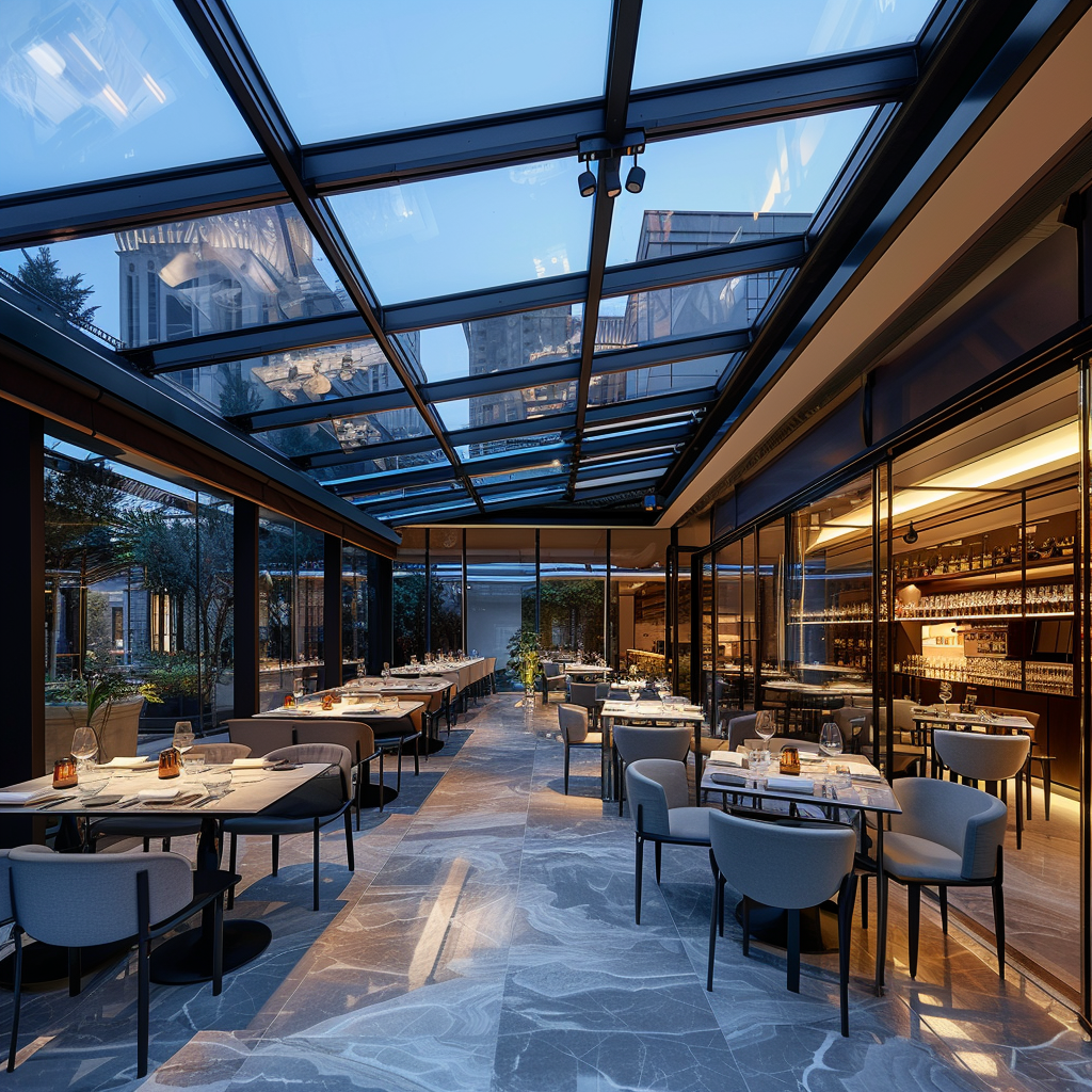 restaurant courtyard with retractable glass roof system