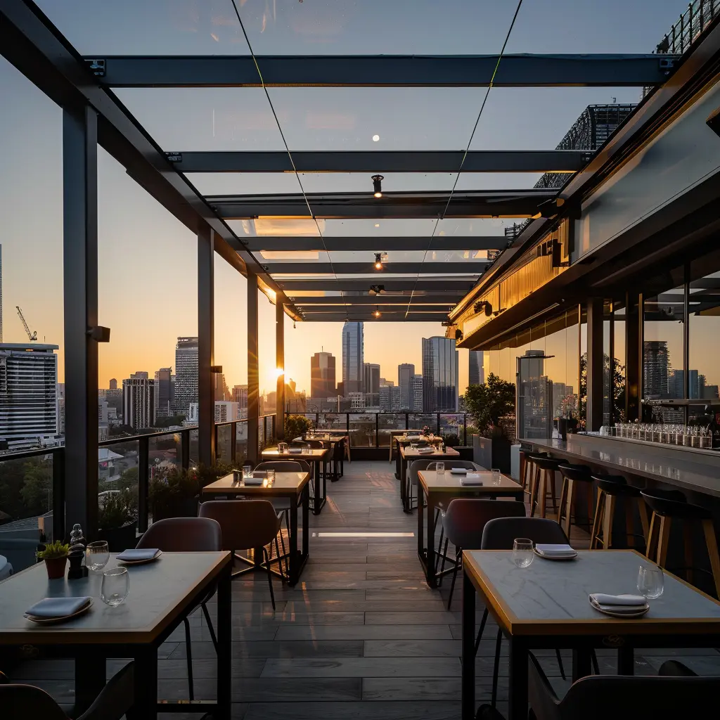 restaurant patio with retractable glass roof system for outdoor dining