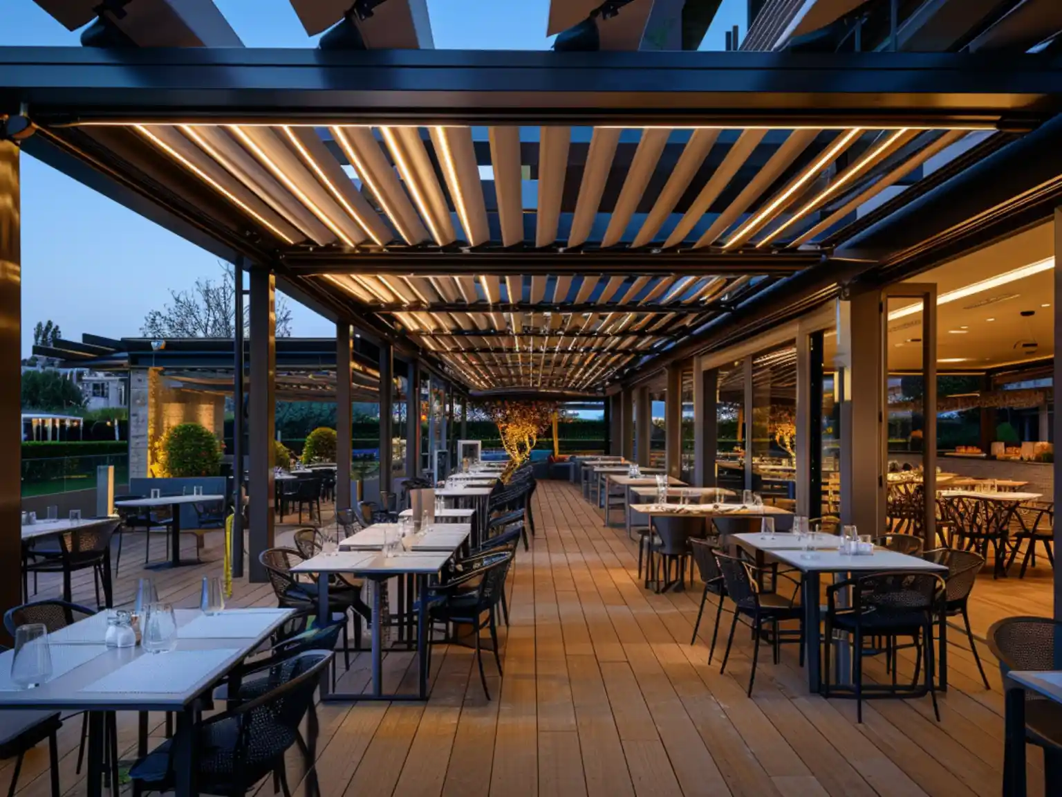 Restaurant retractable roof system for outdoor dining terrace