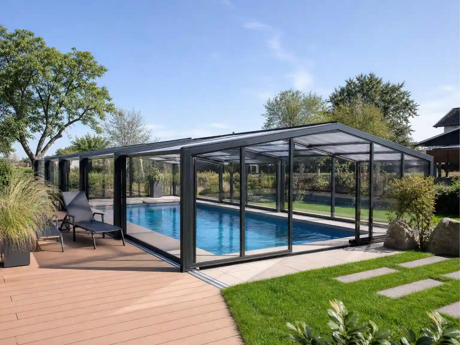 modern retractable pool enclosure covering backyard swimming pool with telescopic aluminum structure