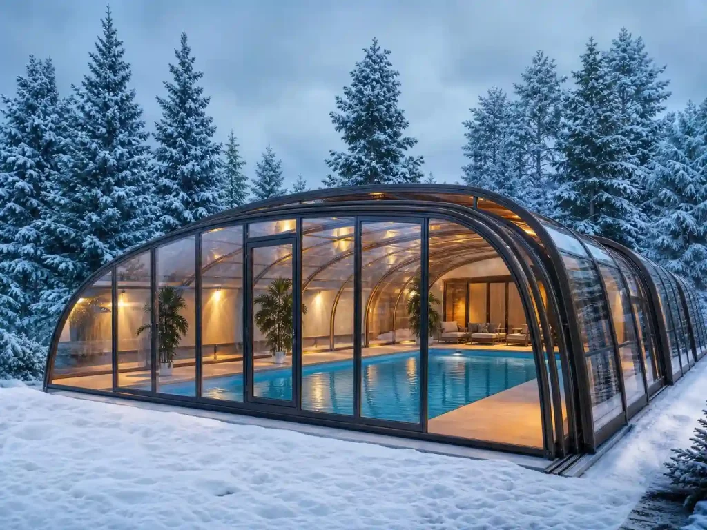 retractable pool enclosure protecting swimming pool during winter snow
