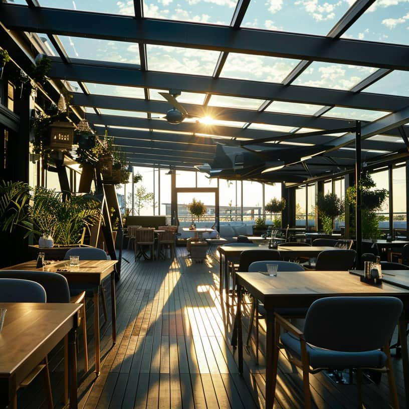 rooftop cafe terrace with motorized retractable glass roof system