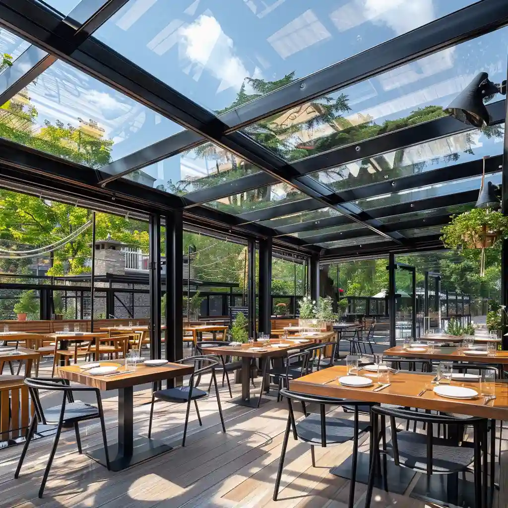 rooftop restaurant terrace with motorized retractable glass roof