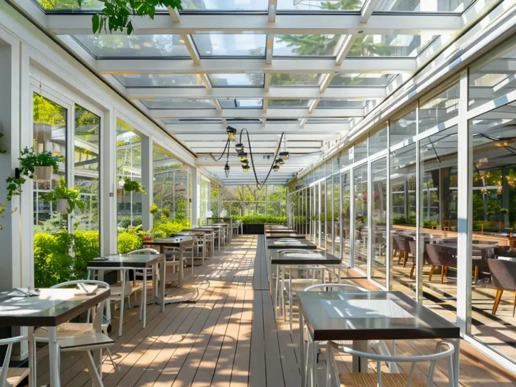 Retractable glass sunroom for scenic area restaurant