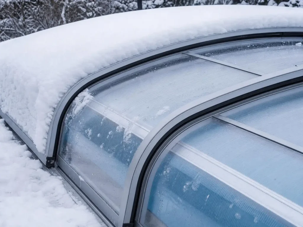 Snow load on retractable pool enclosure roof in winter