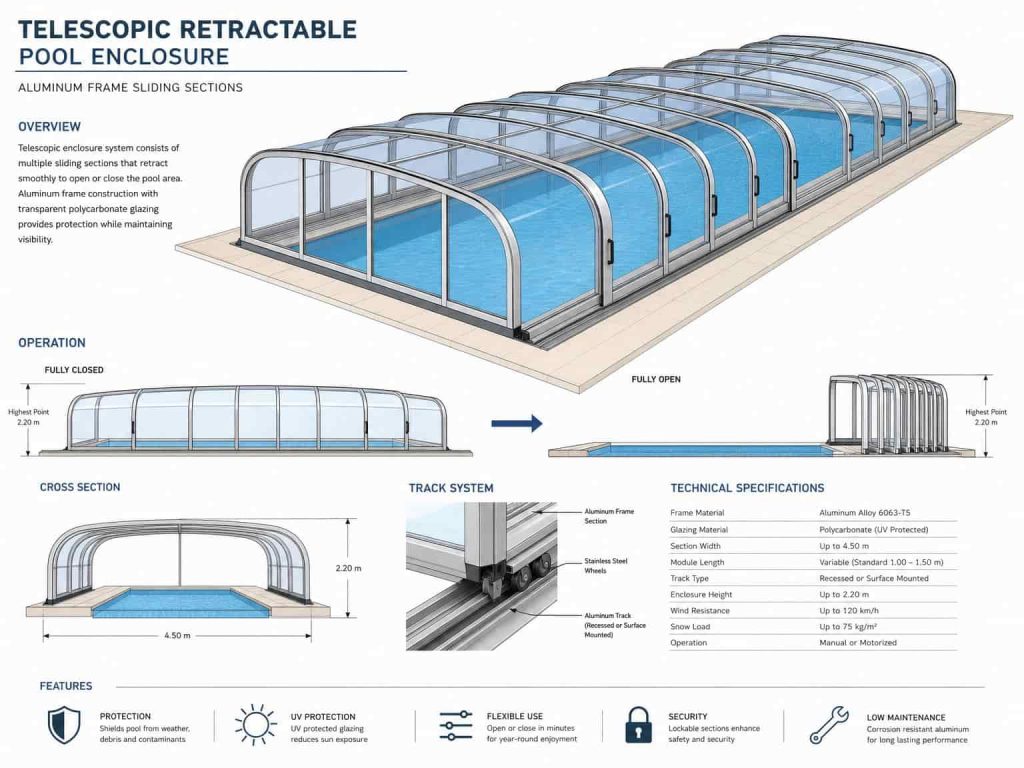diagram showing how telescopic retractable pool enclosure sections slide over a swimming pool
