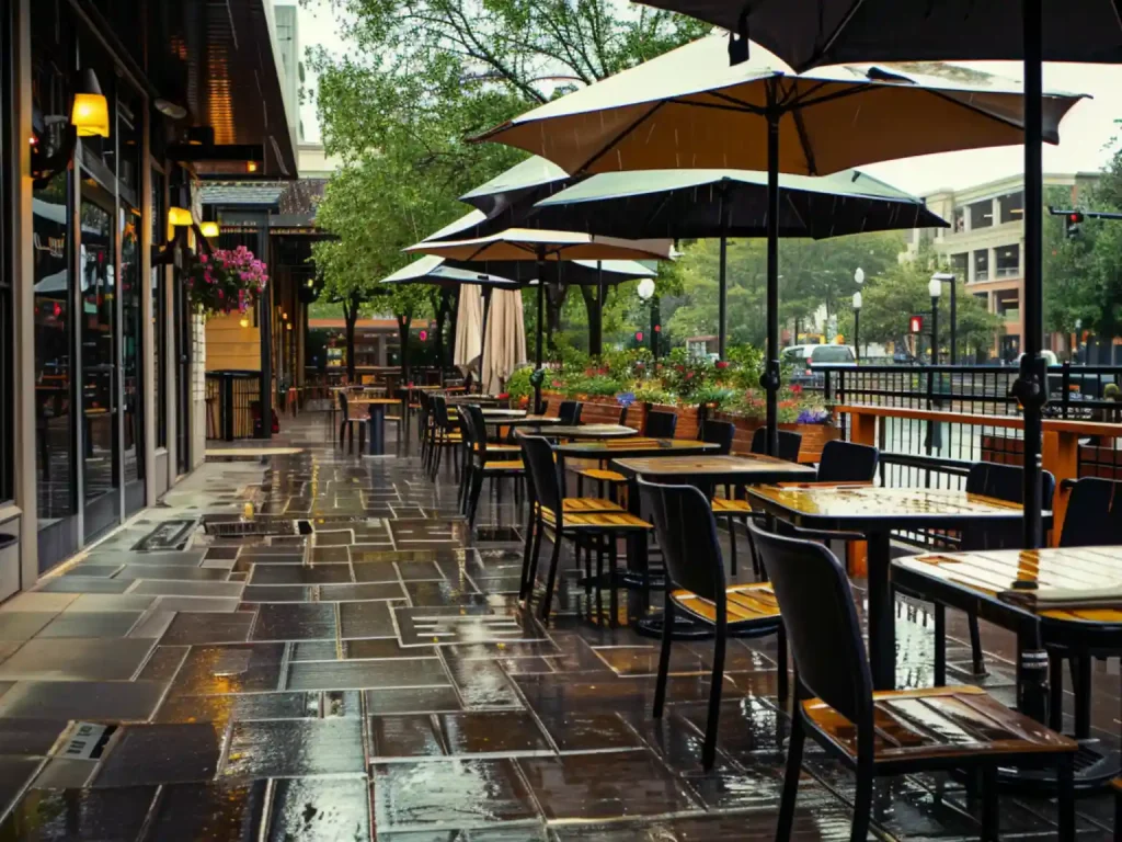Restaurant outdoor dining area affected by rainy weather
