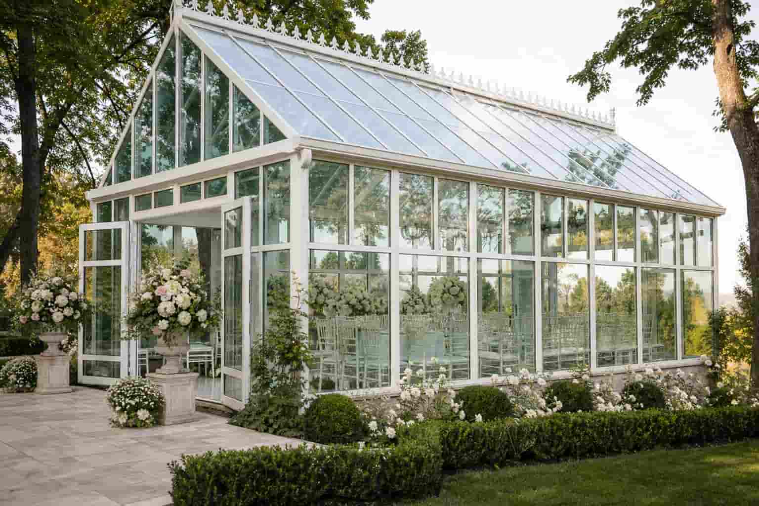 glass sunroom pavilion used for outdoor wedding event