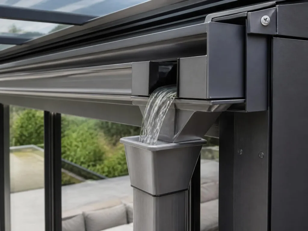 Clear water flowing through a clean aluminum gutter and drainage system of a modern retractable sunroom