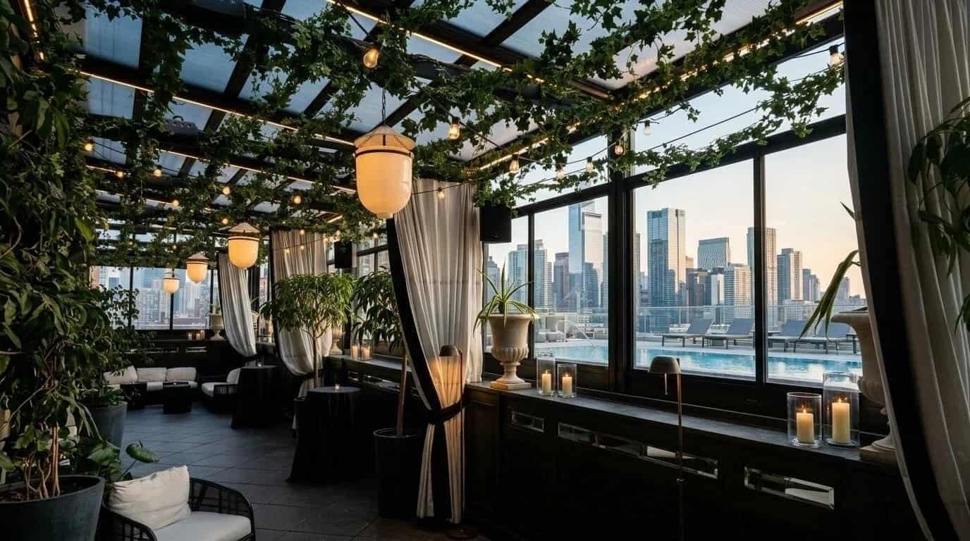 hotel restaurant terrace covered by retractable glass roof structure