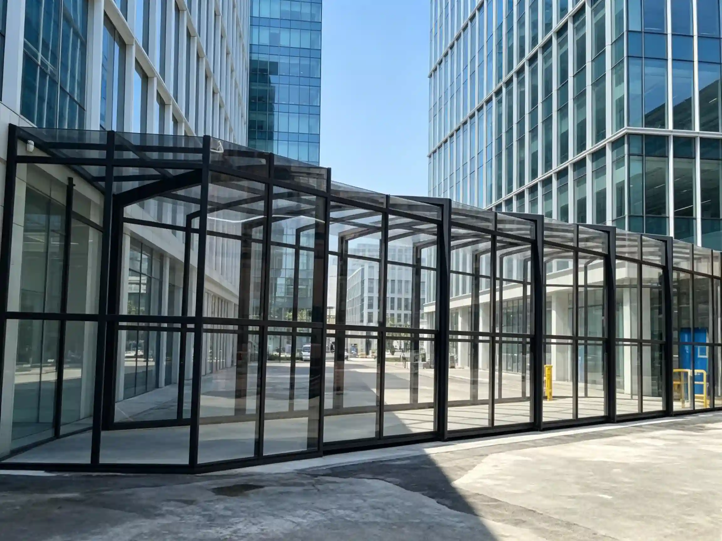 Office building retractable weatherproof walkway for commercial corridor canopy