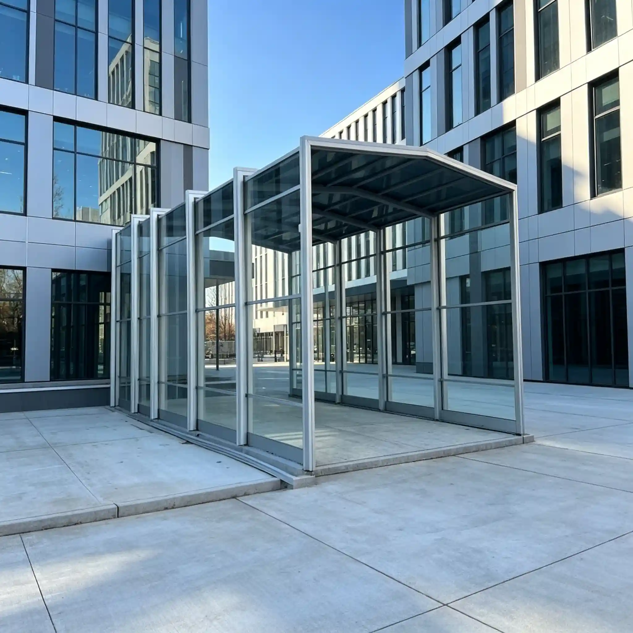 Office building retractable walkway connecting the entrance and parking area with a modern glass corridor.