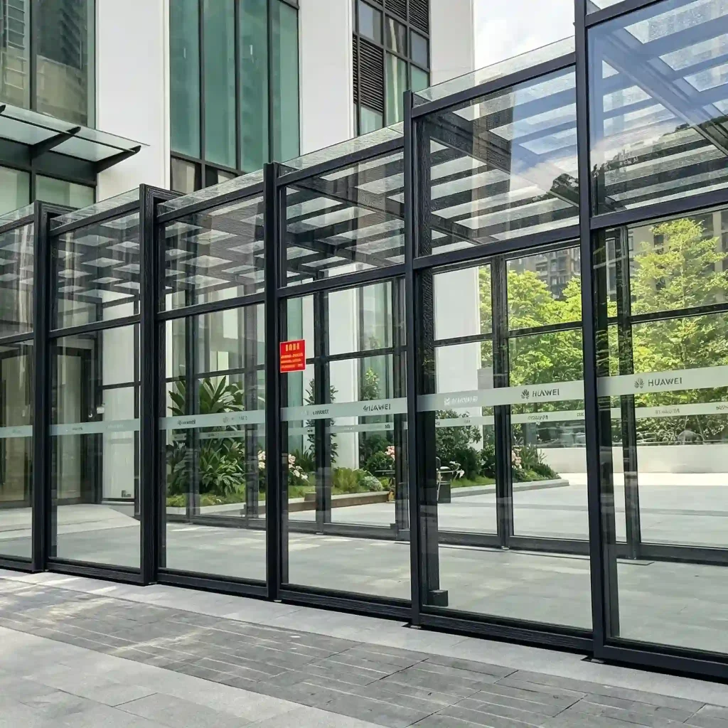 Transparent office building retractable walkway canopy connecting entrance and outdoor pathway