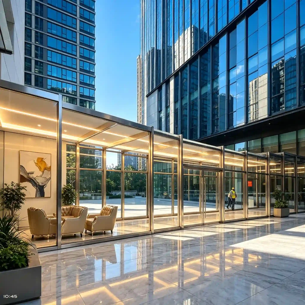 Office building retractable walkway connecting entrance and parking area with modern glass corridor design