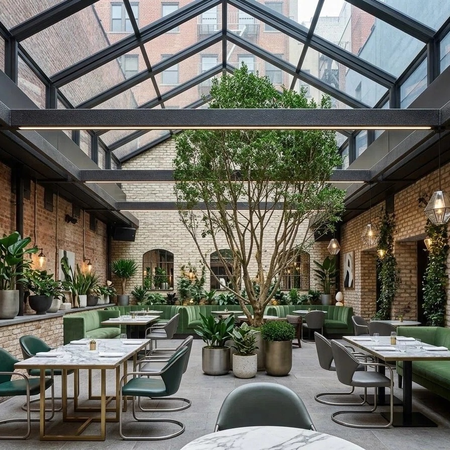 Hotel rooftop restaurant with motorized retractable roof system and city skyline view
