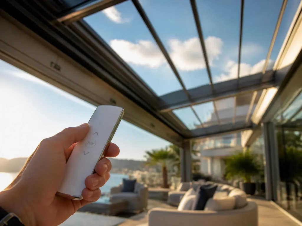 Operating a motorized retractable sunroom roof with a remote control on a commercial hotel terrace