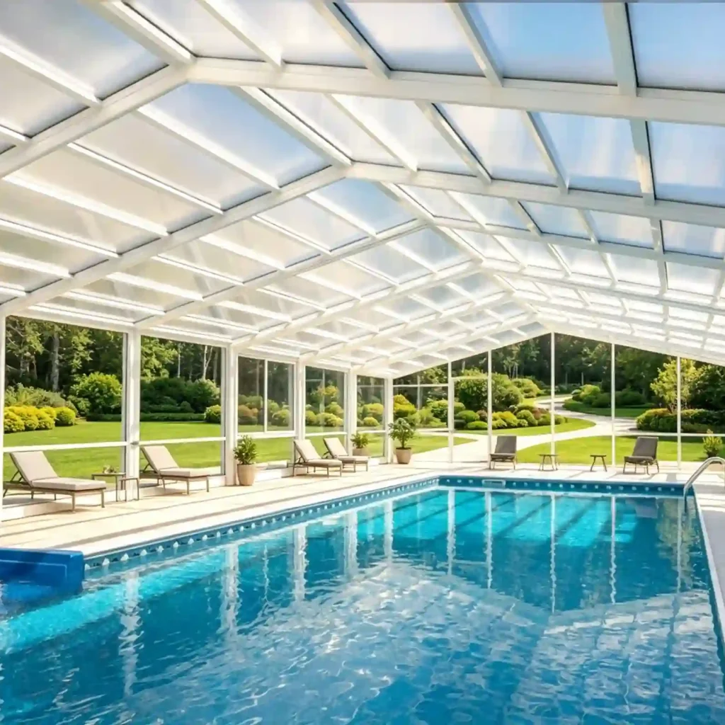 Hotel swimming pool enclosure with retractable glass roof for all-season pool use