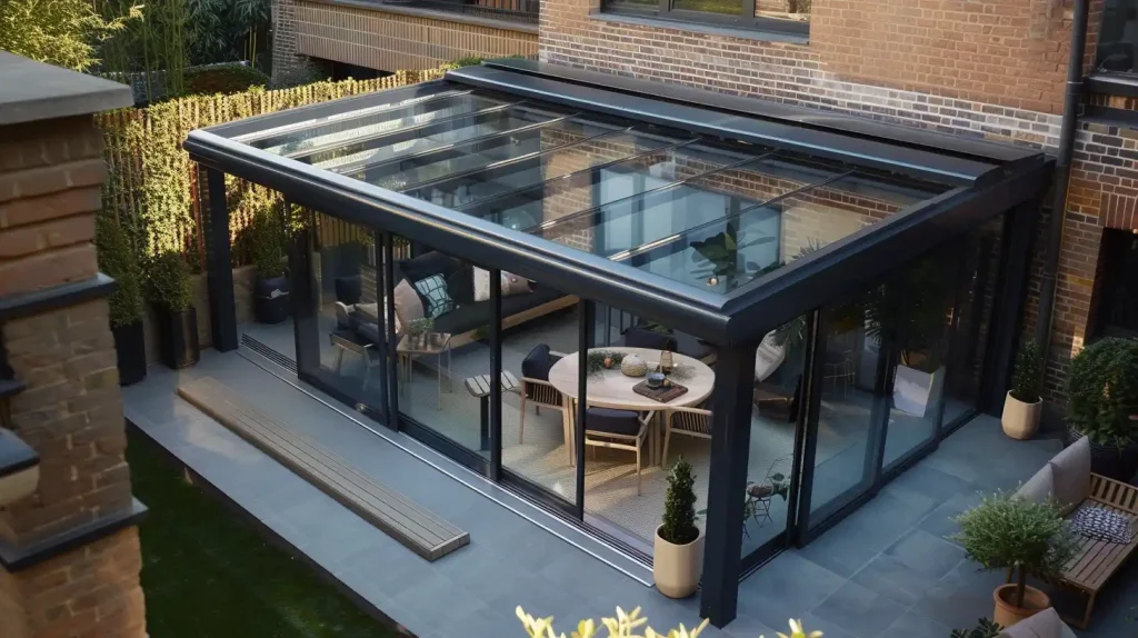 Arched retractable glass roof system with aluminum frame
