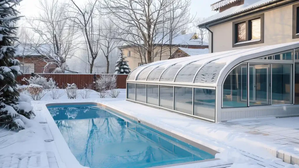arched winter pool enclosure with transparent panels