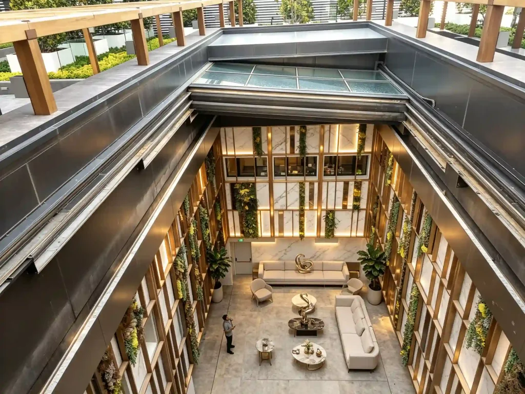 Commercial atrium glass roof courtyard with aluminum frame and daylight