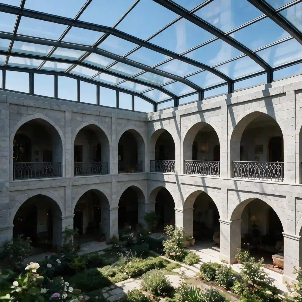 Commercial atrium glass roof structure for retail center with two-level arcade design