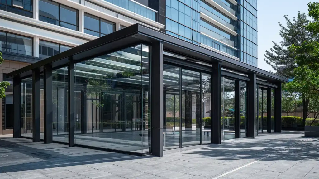 Retractable glass roof system connected to commercial building