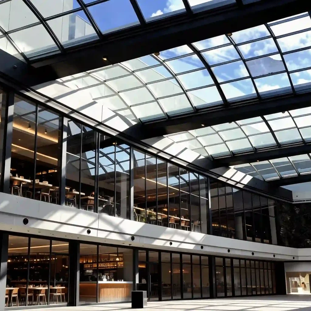 Commercial retractable glass roof system for atrium with black aluminum frame and retail spaces