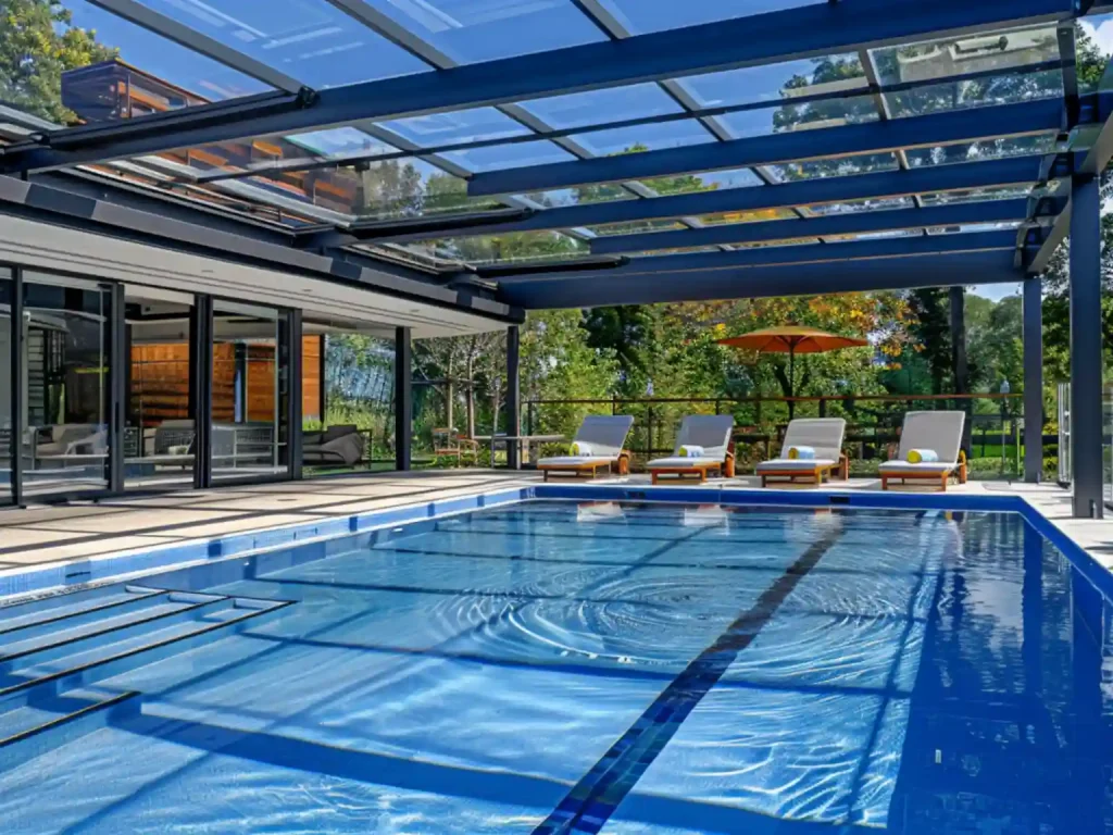 Completed custom retractable pool enclosure for resort swimming pool