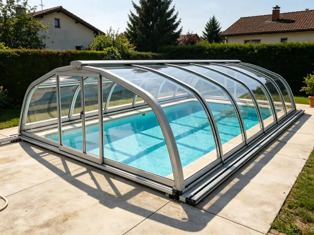 Completed retractable pool enclosure installation for residential swimming pool