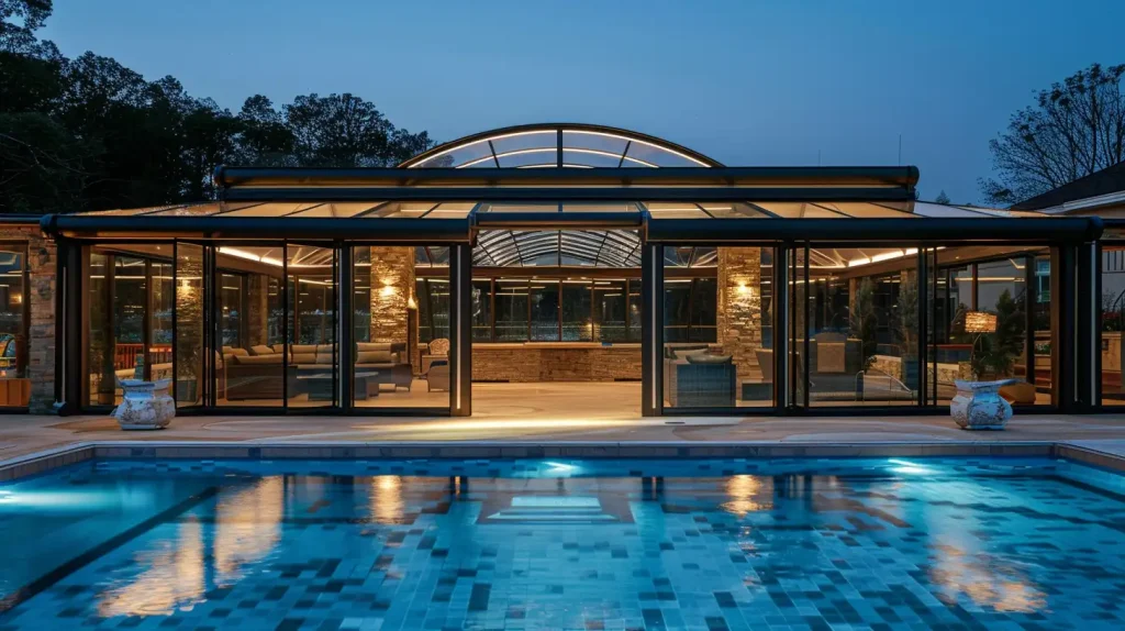 Completed retractable pool enclosure sunroom for luxury resort