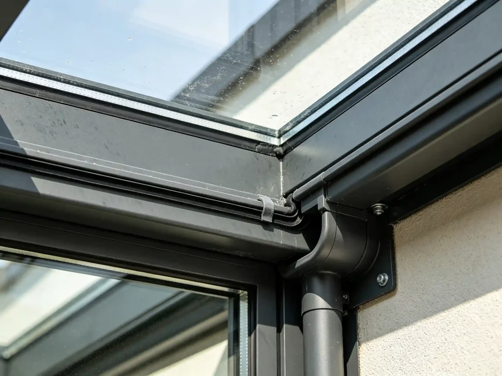 Courtyard glass roof aluminum frame and drainage detail