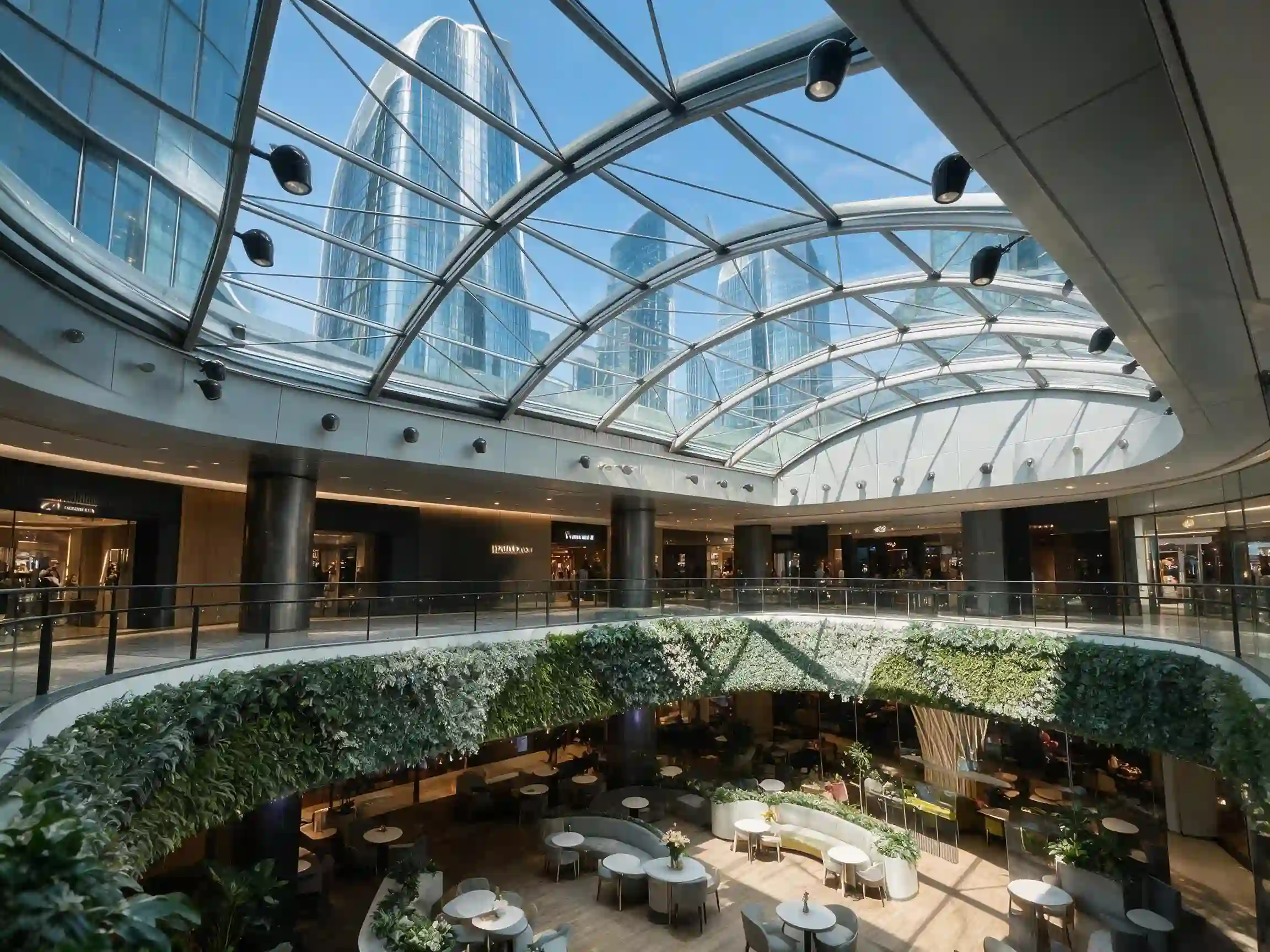 Curved commercial retractable roof system for mall atrium with glass panels and steel structure