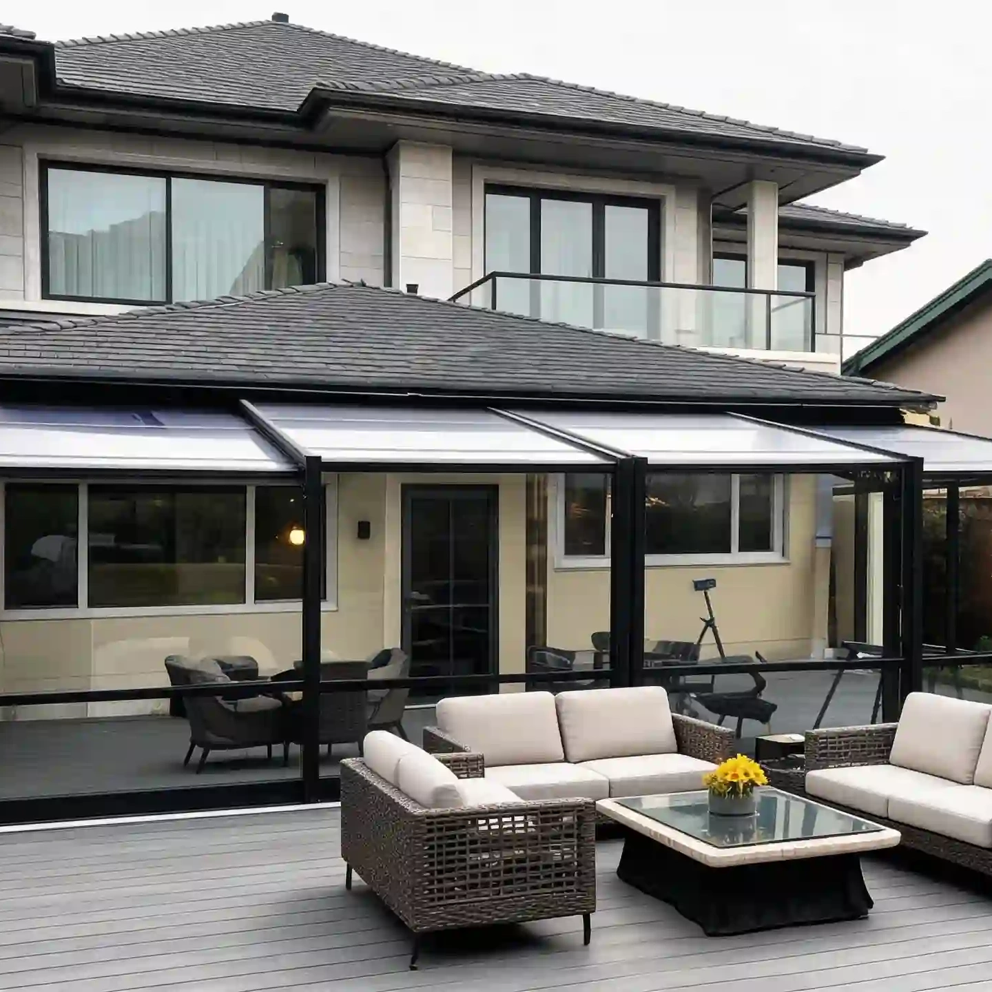 modern retractable sunroom system installed on a residential backyard patio