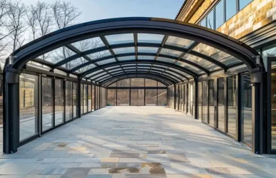 Finished retractable roof project site with aluminum frame and transparent panels