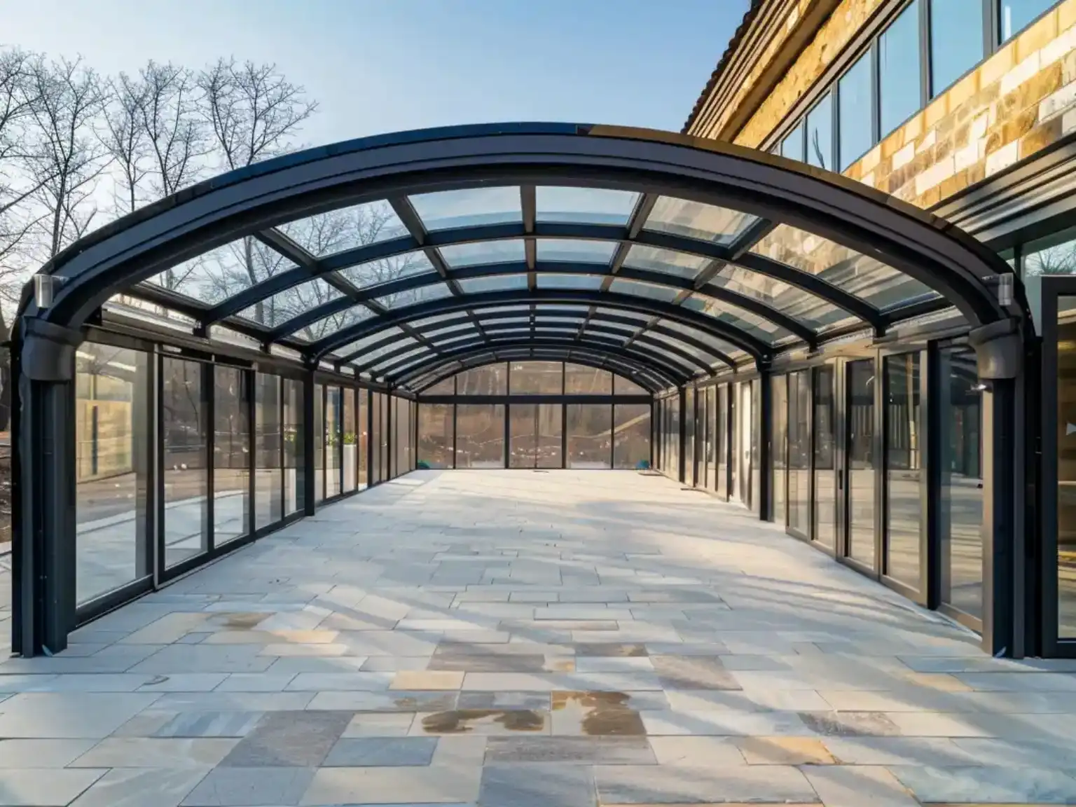 Finished retractable roof project site with aluminum frame and transparent panels