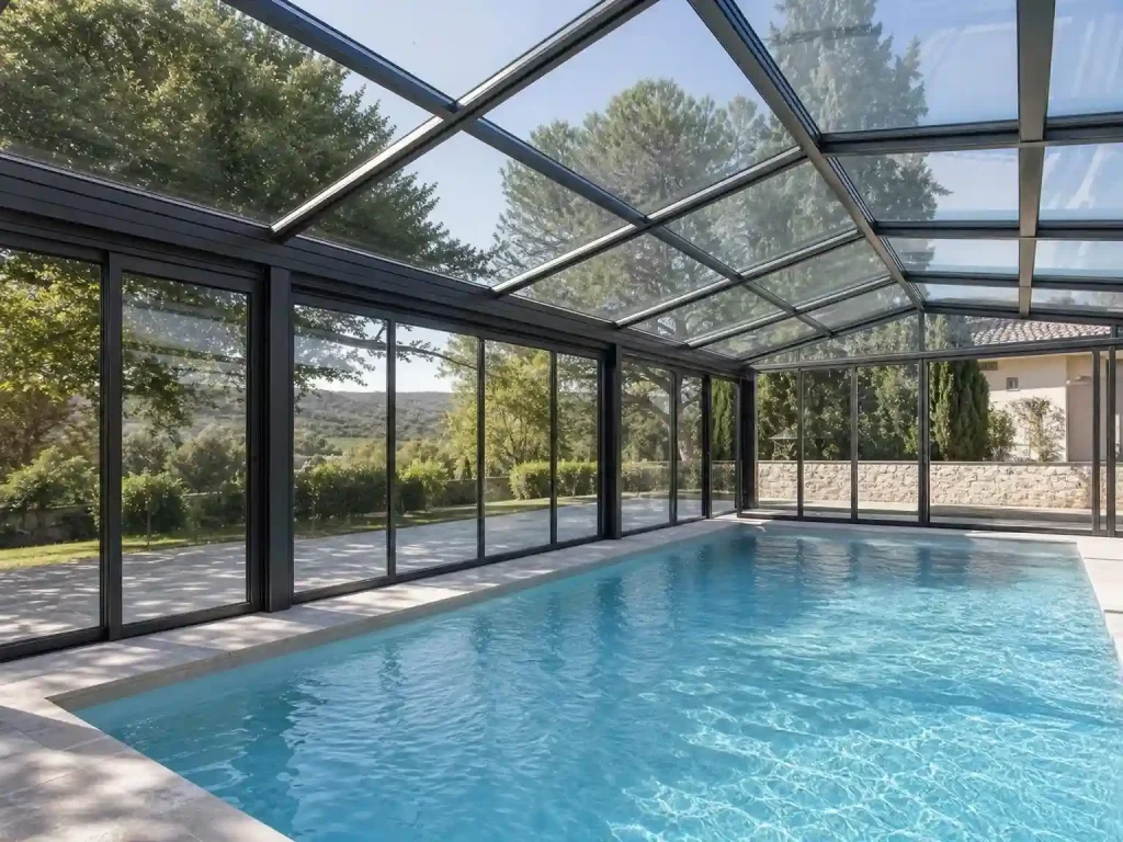 Glass pool sunroom enclosure for luxury swimming pool