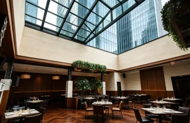 Glass roof courtyard for commercial building with transparent roof system